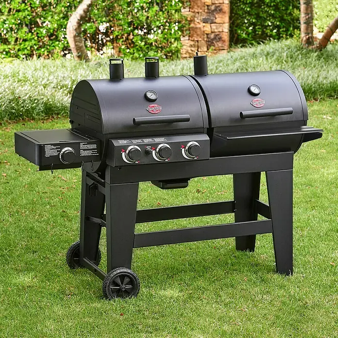 Char-Griller Hybrid-Grill Double Play Gas & Holzkohle - Grillfläche (B x T): 101 x 50 cm, 15,48 kW - Schwarzer Hybridgrill aus Metall mit Holzkohle- und Gas-Kochkammern, auf Rädern.