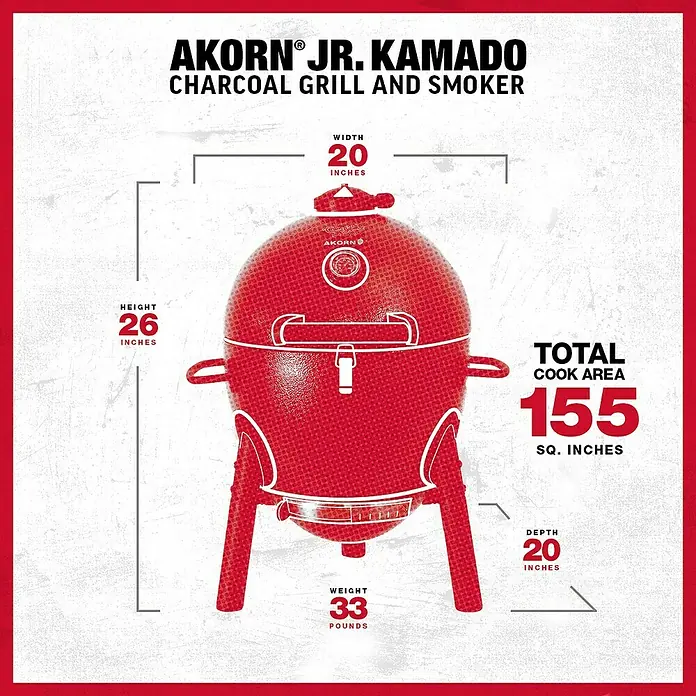 Char-Griller Holzkohlegrill Akorn Jr. Kamado - Durchmesser Grillfläche: 36 cm, Schwarz - Roter Akorn Jr. Kamado Holzkohlegrill und Smoker mit überlagerten Maßen und Spezifikationen.