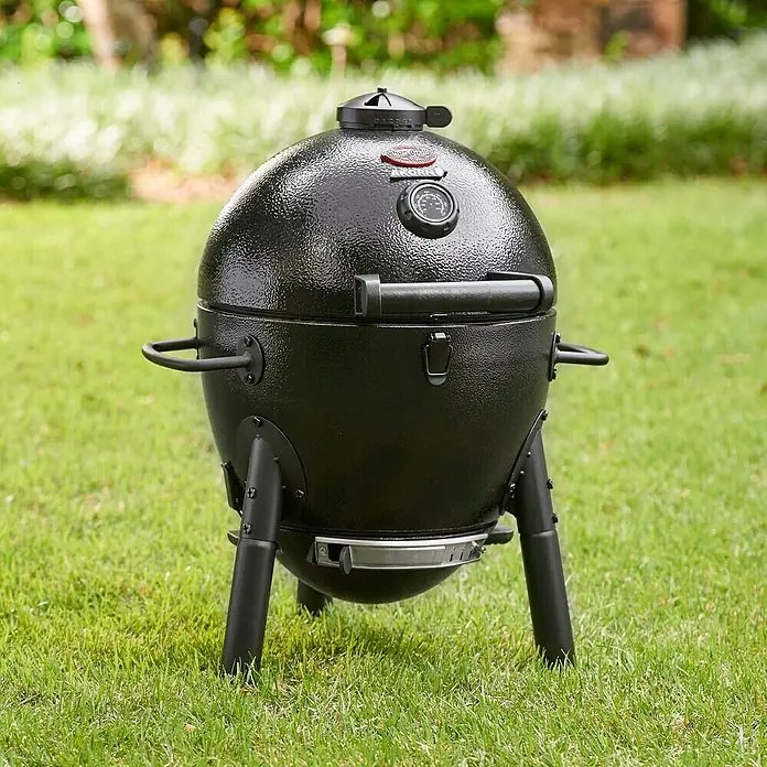 Char-Griller Holzkohlegrill Akorn Jr. Kamado - Durchmesser Grillfläche: 36 cm, Schwarz - Ein schwarzer Kamado-Grill mit einem eingebauten Thermometer am Deckel.