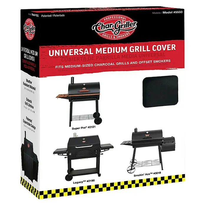 Char-Griller Grill-Schutzhülle - Passend für: Mittelgroße Holzkohlegrills (bis zu 84 cm) und Offset-Räuchergeräte - Char-Griller Universal Medium Grill Cover Box, schwarz-rot, zeigt eine schwarze Grillabdeckung und kompatible Grillmodelle.
