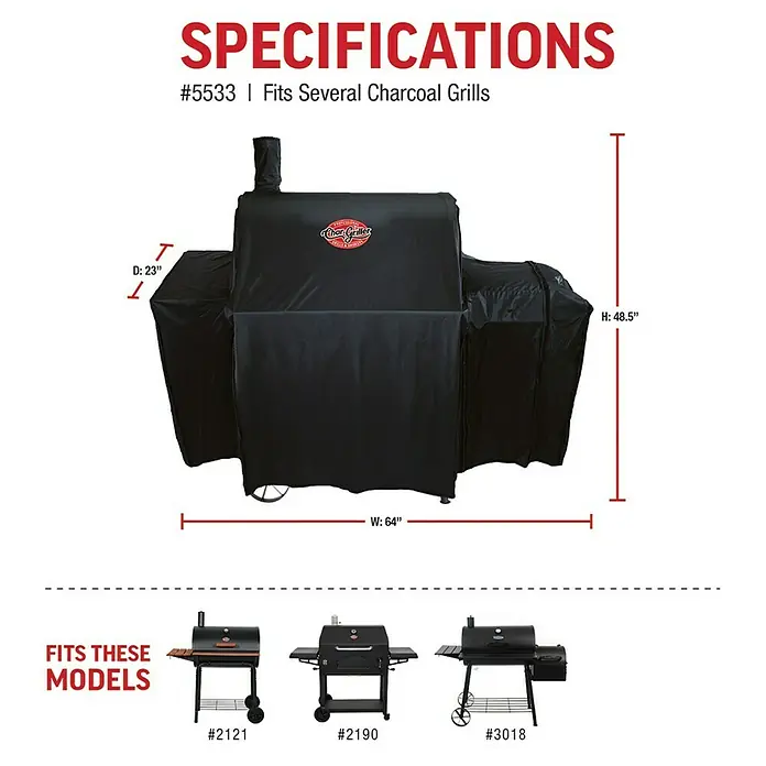 Char-Griller Grill-Schutzhülle - Passend für: Mittelgroße Holzkohlegrills (bis zu 84 cm) und Offset-Räuchergeräte - Schwarze Char-Griller Grillabdeckung mit Maßen (H: 48,5", B: 64", T: 23") für verschiedene Holzkohlegrill-Modelle.