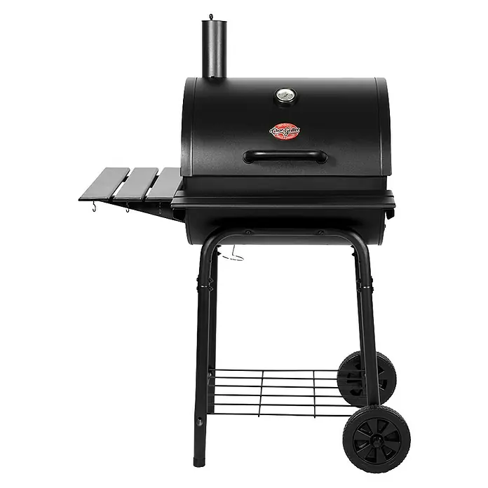 Char-Griller Holzkohlegrill - Grillfläche (B x T): 55 x 50 cm, Schwarz - Schwarzer Holzkohlegrill mit Seitenablage, Schornstein und Rädern zum Grillen im Freien.