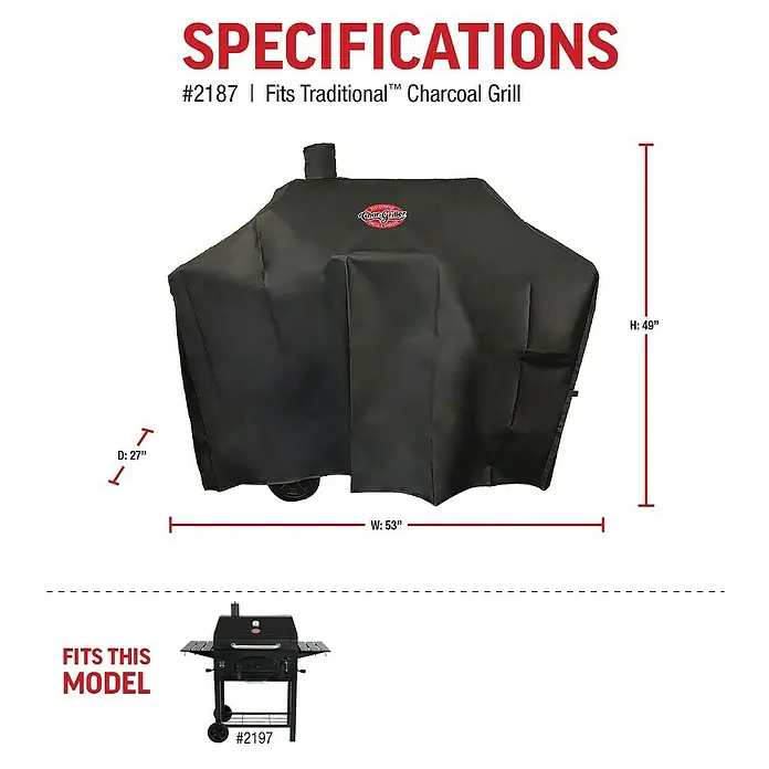 Char-Griller Grill-Schutzhülle - Passend für: traditionellen Holzkohlegrill 2197 - Schwarze Grillabdeckung (#2187) für traditionelle Holzkohlegrills, 53" B x 49" H x 27" T. Passend für Modell #2197.