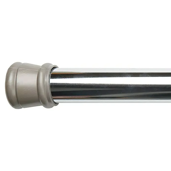 Expo Ambiente Spannstange - Chrom, Auszugslänge: 125 cm - 220 cm, Gesamtstückzahl: 1 Stk. - Nahaufnahme einer glänzenden, verstellbaren Duschvorhangstange mit einer grauen Endkappe.