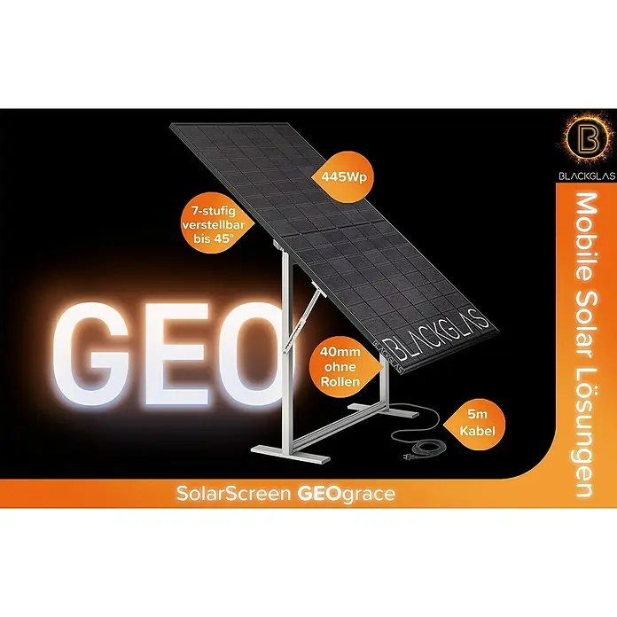 Blackglas Solar-Tischkraftwerk Geo Grace - 0% MwSt. gem. § 12 Abs. 3 UStG - 450 W, L x B x H: 180 x 120 x 180 cm, Ohne Rollen - Hier ist eine Darstellung des Blackglas SolarScreen GEOgrace, einem mobilen Solarmodul mit 445Wp Leistung und verstellbarem Winkel.