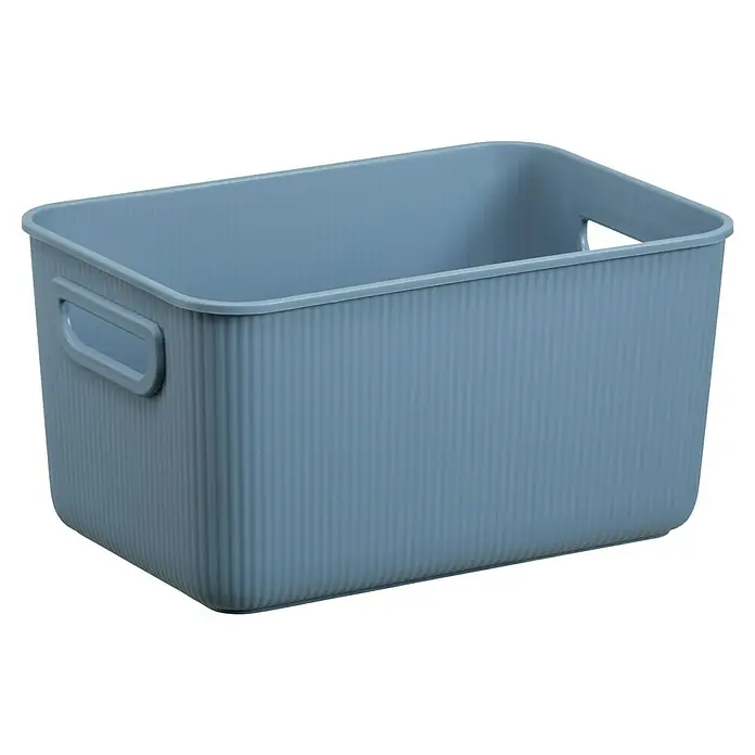Aufbewahrungsbox Akita - L x B x H: 13,6 x 25,6 x 17,3 cm, Kunststoff, Blau - Rechteckiger blauer Kunststoff-Aufbewahrungskorb mit gerippten Seiten und Griffen.