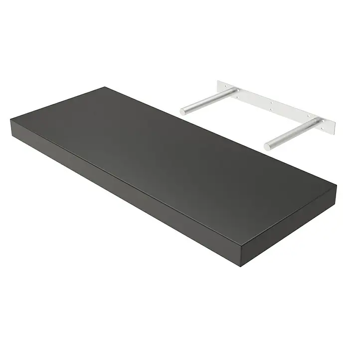 Regalux Wandboard XL4 - L x B x H: 23,5 x 60 x 3,8 cm, Schwarz, Belastbarkeit: 12 kg - Ein rechteckiges, schwebendes Wandregal in dunkler Farbe mit zwei weißen Wandhalterungen im Hintergrund. Die perfekte Ablage für jedes Zimmer!