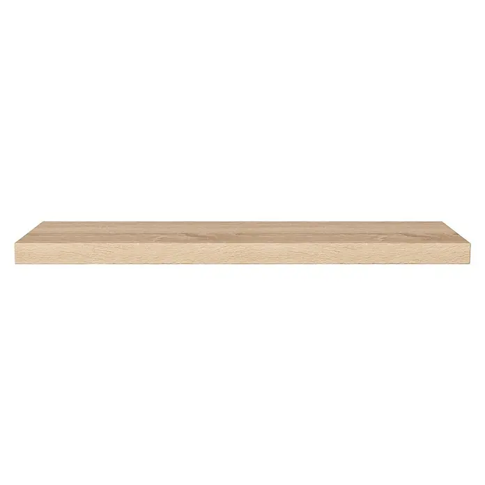 Regalux Wandboard XL4 - L x B x H: 23,5 x 80 x 3,8 cm, Eiche, Belastbarkeit: 12 kg - Eine Nahaufnahme eines Holzregals mit einer hellbraunen Maserung, ideal für die Präsentation Ihrer Gegenstände.
