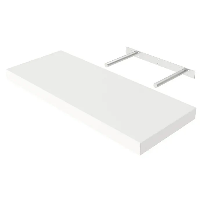 Regalux Wandboard XL4 - L x B x H: 23,5 x 60 x 3,8 cm, Weiß, Belastbarkeit: 12 kg - Ein schwebendes, weißes Wandregal mit zwei silberfarbenen Halterungen für die Montage. Es bietet praktische Ablagefläche.