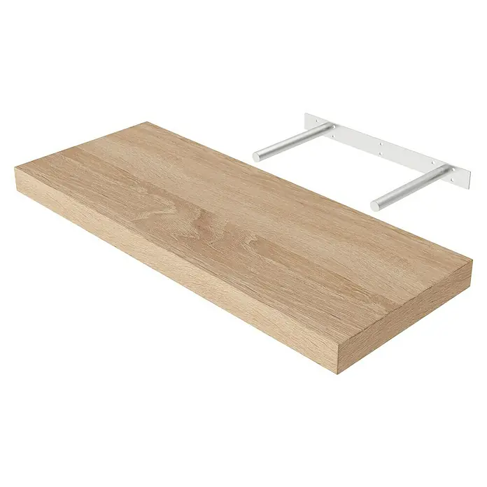 Regalux Wandboard XL4 - L x B x H: 23,5 x 60 x 3,8 cm, Eiche, Belastbarkeit: 12 kg - Nahaufnahme eines schwebenden Regals mit hellbrauner Holzplatte und weißen Halterungen, das eine elegante Aufbewahrungslösung bietet.