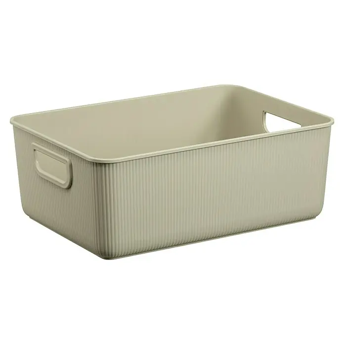 Aufbewahrungsbox Akita - L x B x H: 13,6 x 36 x 25,6 cm, Kunststoff, Beige - Hellbeige rechteckige Kunststoff-Aufbewahrungsbox mit gerippter Textur und integrierten Griffen.