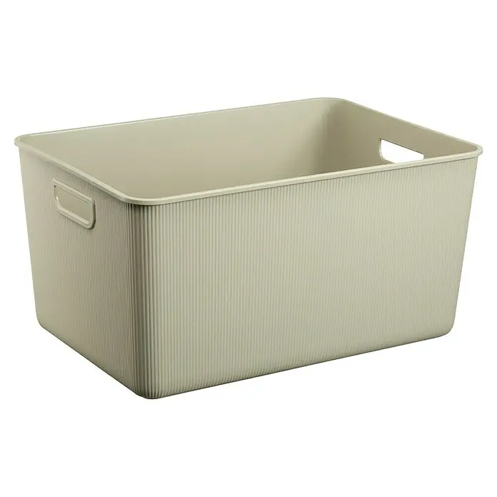 Aufbewahrungsbox Akita - L x B x H: 26,7 x 52,5 x 36,5 cm, Kunststoff, Beige - Hellbeiger rechteckiger Kunststoff-Aufbewahrungsbehälter mit gerippten Seiten und integrierten Griffen.