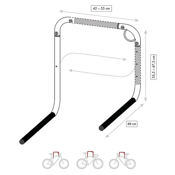 Rei Fahrrad-Wandhaken - Stahl, Rot - Verstellbare schwarz-weiße Fahrrad-Tragestange. Breite 42-55cm, Höhe 35,5-47,5cm. Zur Befestigung an Fahrradrahmen.
