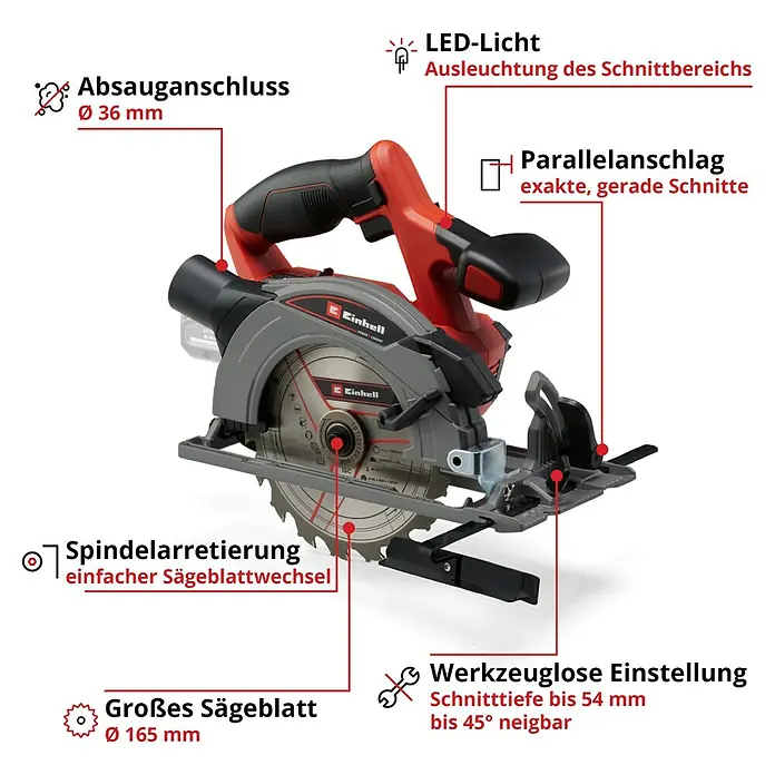Einhell Power X-Change 18V Maschinen-Set - 18 V, 2 Akkus, 3 Ah, 10 -tlg. - Rote und graue Akku-Handkreissäge mit 165 mm Sägeblatt. Ausgestattet mit LED, Spindelarretierung und werkzeugloser Schnitttiefen-/Neigungsverstellung.