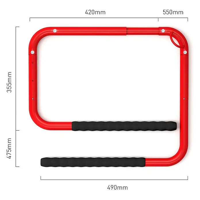 Rei Fahrrad-Wandhaken - Stahl, Rot - Rotes U-förmiges Trainingsgerät mit schwarzen Griffen und sichtbaren Maßen.