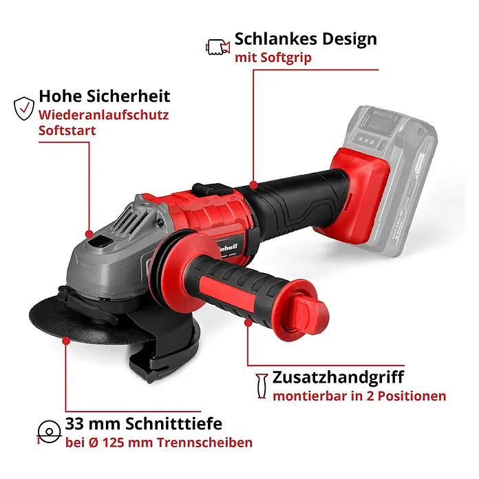 Einhell Power X-Change 18V Maschinen-Set - 18 V, 2 Akkus, 3 Ah, 10 -tlg. - Rot-schwarzer Akku-Winkelschleifer mit Batterie und ergonomischen Softgrip-Griffen.