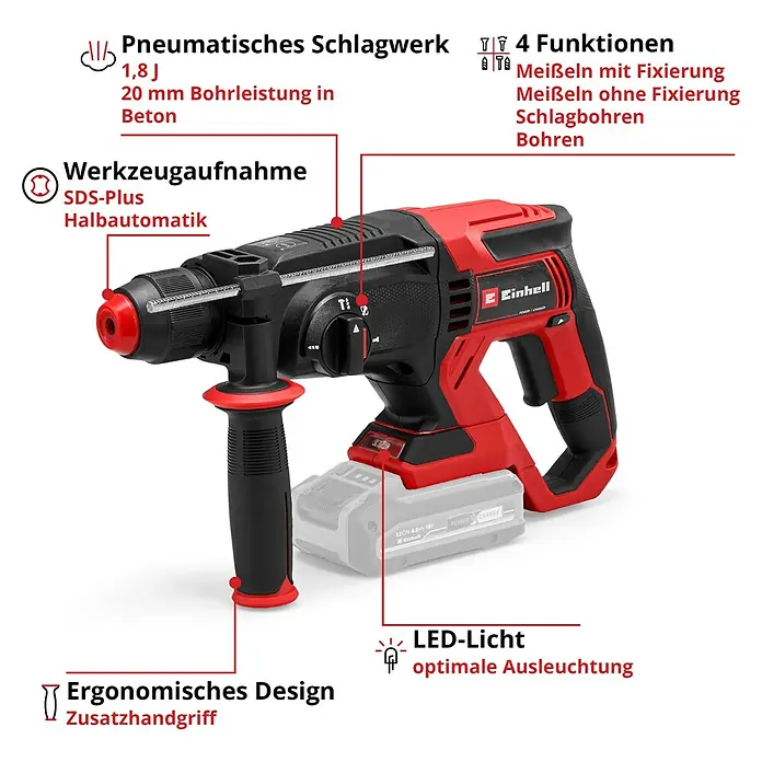 Einhell Power X-Change 18V Maschinen-Set - 18 V, 2 Akkus, 3 Ah, 10 -tlg. - Roter und schwarzer Akku-Bohrhammer (Einhell) mit Akku und Zusatzhandgriff.