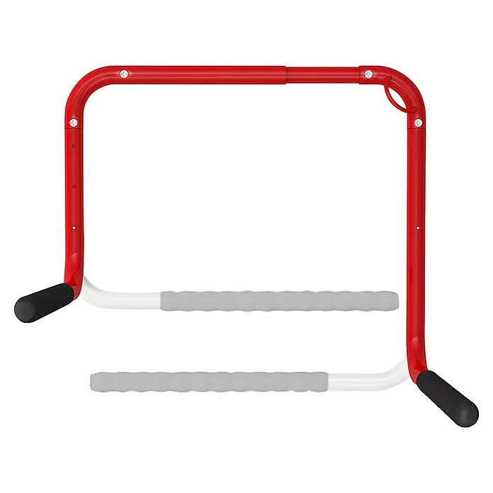 Rei Fahrrad-Wandhaken - Stahl, Rot - Rote Metall-Wandhalterung mit zwei weißen Armen, grauer Polsterung und schwarzen Schutzkappen.