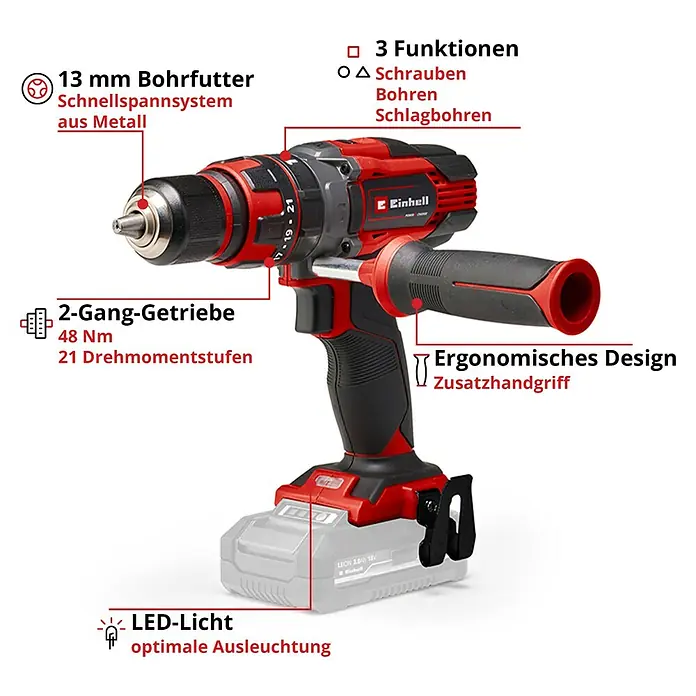 Einhell Power X-Change 18V Maschinen-Set - 18 V, 2 Akkus, 3 Ah, 10 -tlg. - Ein rot-schwarzer Akku-Schlagbohrschrauber mit 13mm Metallbohrfutter, 2-Gang-Getriebe, 3 Funktionen, LED-Licht und ergonomischem Design mit Zusatzhandgriff.