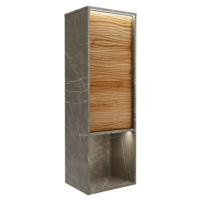 Lanzet Dune Midischrank - B x T x H: 40,3 x 32,5 x 121,6 cm, Grau-Marmor/Berg Eiche, DIN Anschlag: Links - Modernes Badezimmer-Hängeelement mit einer Tür aus Holz und grauem Marmor. Elegantes Design für stilvolle Badezimmer.