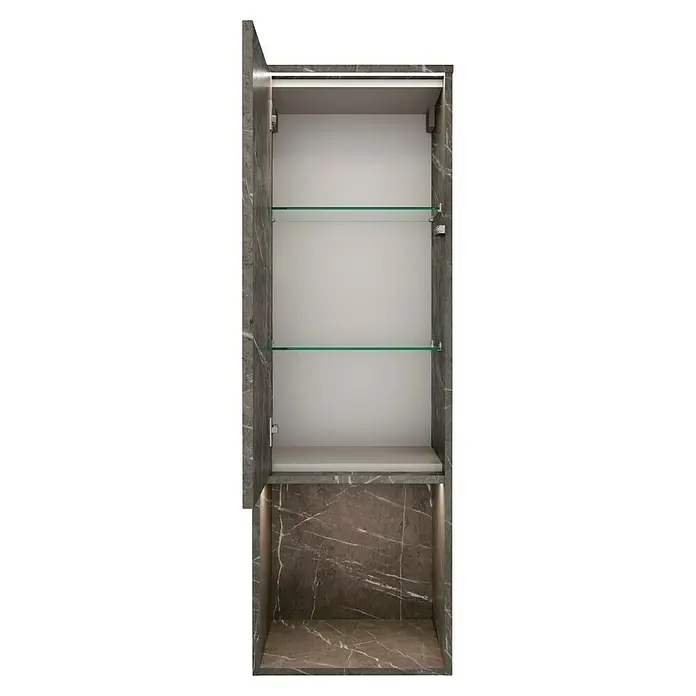 Lanzet Dune Midischrank - B x T x H: 40,3 x 32,5 x 121,6 cm, Grau-Marmor, DIN Anschlag: Links - Innenansicht eines leeren Badezimmerschranks mit Glasböden und Marmoroberfläche, beleuchtet mit LED-Leuchten.