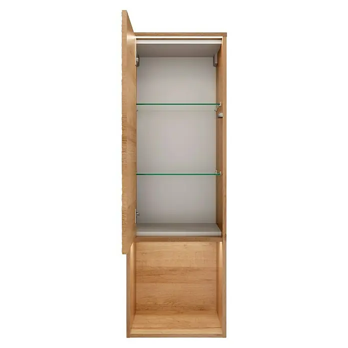Lanzet Dune Badmöbel-Set - Gesamtbreite Badmöbel: 103 cm, Berg Eiche, Matt, DIN Anschlag: Links, 4 -tlg. - Ein offener Badezimmerschrank aus hellem Holz mit zwei Glasböden und eingebauter Beleuchtung. Praktisch und stilvoll für jedes Bad.