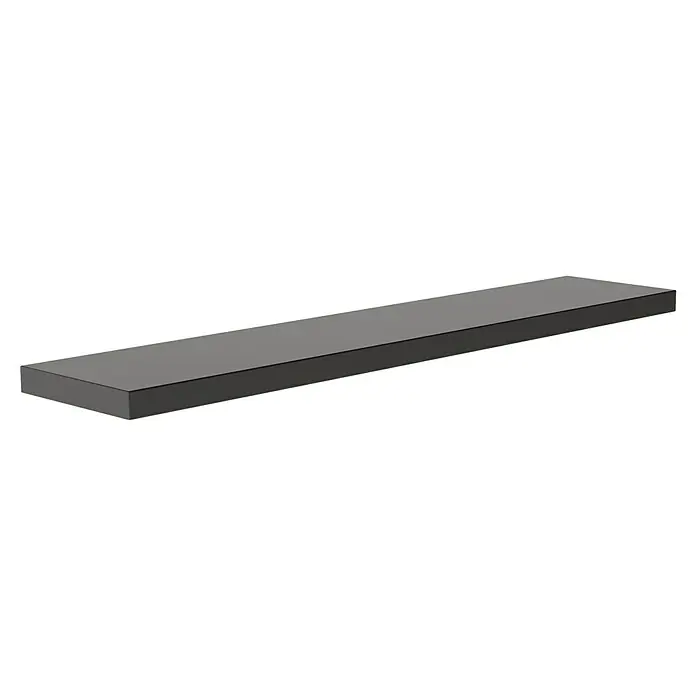 Regalux Wandboard XL4 - L x B x H: 23,5 x 118 x 3,8 cm, Schwarz, Belastbarkeit: 12 kg - Eine lange, graue Leiste liegt auf einem leicht spiegelnden Untergrund. Die Leiste wirkt modern und schlicht designt.