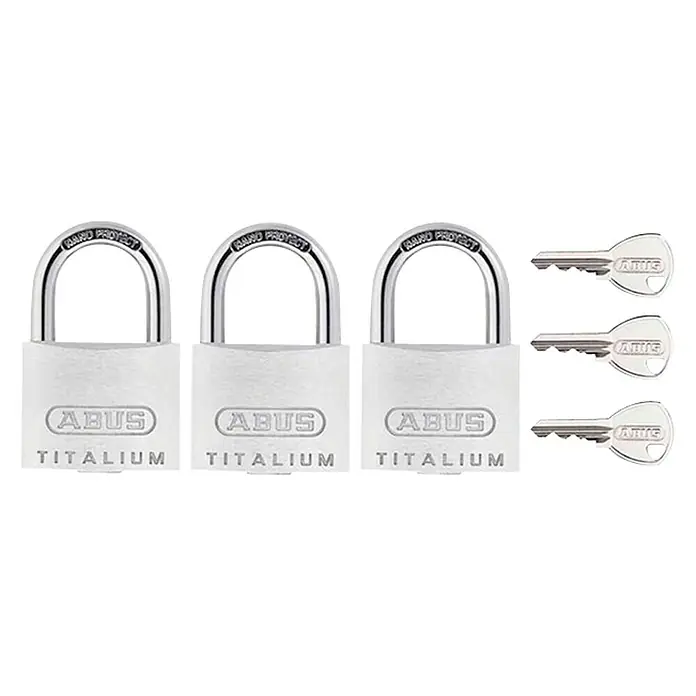 Abus Titalium Juego de candados 64TI/40 - An x Al: 40 x 62 mm, 3 ud., Aluminio - Tres candados ABUS Titalium con llaves, ideales para la seguridad diaria de propiedades y objetos de valor ofreciendo protección confiable.