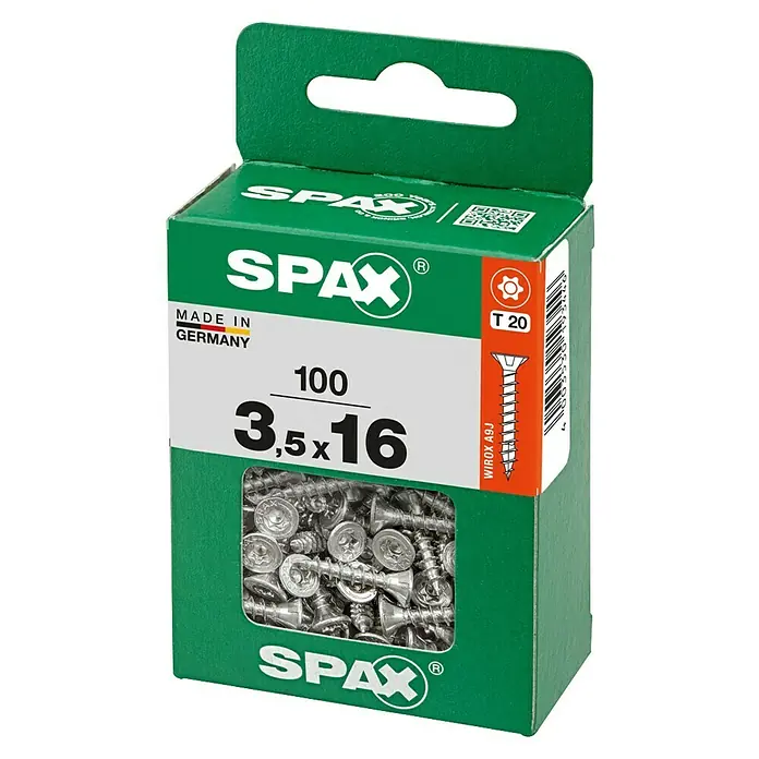 Spax Universalschraube T-Star plusØ x L: 3,5 x 16 mm, WIROX Oberfläche, T-Star plus, 100 Stk. - Packung Spax-Schrauben 3,5x16 mm, 100 Stück. Ideal für Holzkonstruktionen, bietet sicheren Halt und einfache Verarbeitung mit T20-Antrieb.