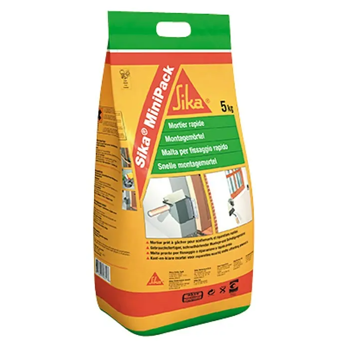 Sika Mortero secado rápido para fijaciones MiniPack - 5 kg - En la imagen, un saco de 5 kg de mortero rápido Sika MiniPack, ideal para trabajos de montaje rápidos en interiores y exteriores.
