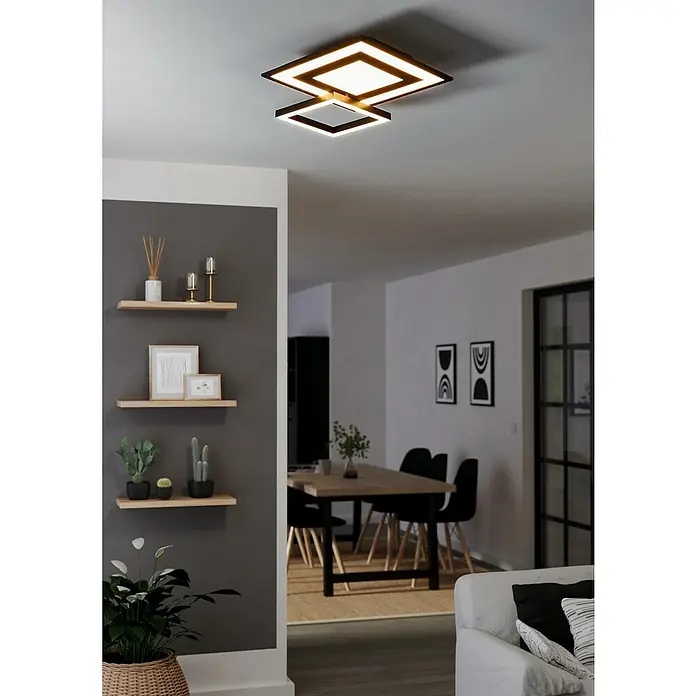 Eglo connect.z LED-Deckenleuchte SAVATARILA-Z - L x B x H: 45 x 45 x 7 cm, RGB, Dimmbar - Moderne schwarze LED-Deckenleuchte mit zwei beleuchteten Quadratrahmen, einem größeren.