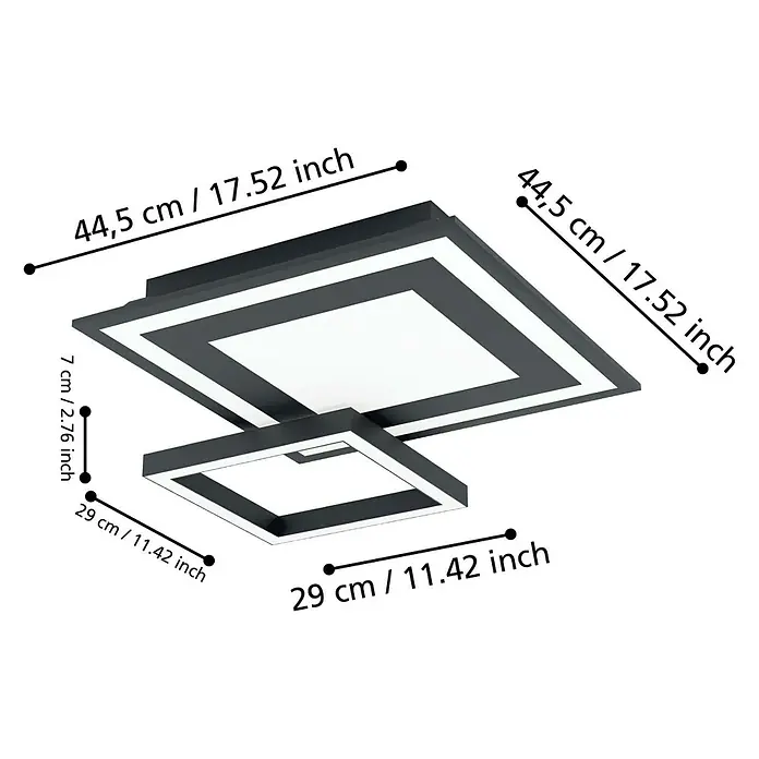 Eglo connect.z LED-Deckenleuchte SAVATARILA-Z - L x B x H: 45 x 45 x 7 cm, RGB, Dimmbar - Abmessungen der quadratischen LED-Deckenleuchte in Schwarz-Weiß, die ein modernes und helles Ambiente bietet.