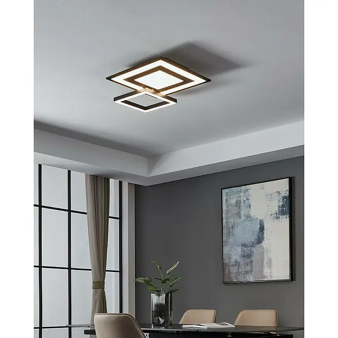 Eglo connect.z LED-Deckenleuchte SAVATARILA-Z - L x B x H: 45 x 45 x 7 cm, RGB, Dimmbar - Moderne schwarze LED-Deckenleuchte mit zwei überlappenden Quadraten, die einen Essbereich erhellt.