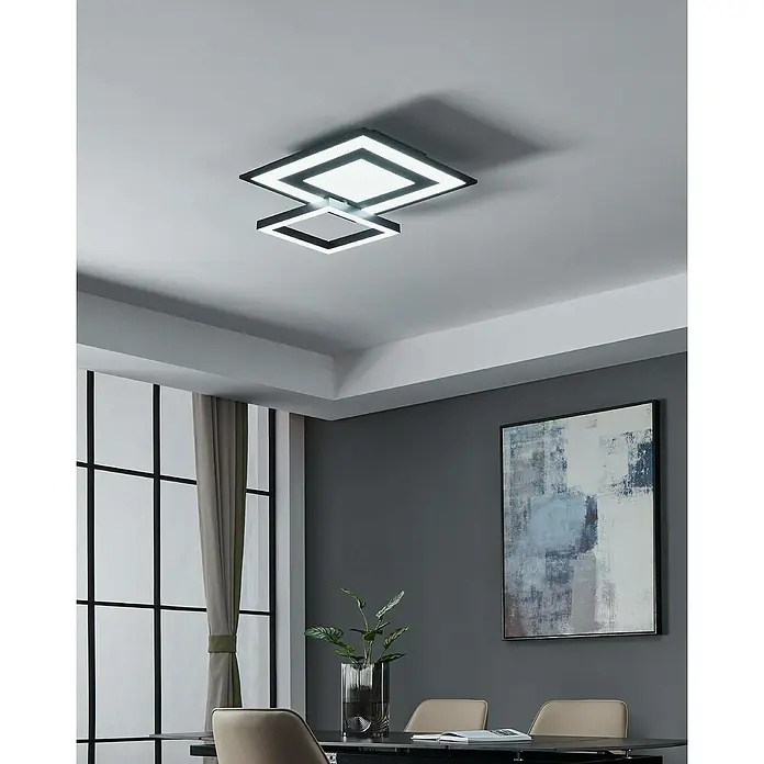 Eglo connect.z LED-Deckenleuchte SAVATARILA-Z - L x B x H: 45 x 45 x 7 cm, RGB, Dimmbar - Moderne LED-Deckenleuchte mit zwei überlappenden quadratischen Rahmen, an einer Decke in einem modernen Esszimmer montiert.