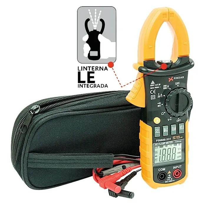 Xindar Multímetro abrazadera digital amperimétrica PIN600.031 - Número de polos: 2 ud., IP20, Medición de frecuencia - El XINDAR AC Clamp Meter PIN600.031 con linterna integrada y funda negra, ideal para electricistas, y mediciones precisas.