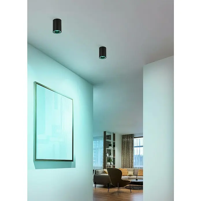 Eglo connect.z LED-Spot Carosso-Z - Ø x H: 80 x 95 mm, 4,9 W - Zwei moderne, schwarze Deckenleuchten mit grünen Akzenten beleuchten einen stilvollen Flur mit Kunstwerk und Blick auf ein Wohnzimmer.