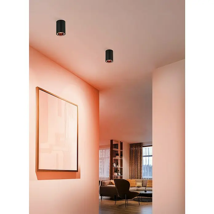 Eglo connect.z LED-Spot Carosso-Z - Ø x H: 80 x 95 mm, 4,9 W - Deckenleuchten in einem Flur mit Kunstwerk an der Wand. Die zylinderförmigen Lampen sorgen für eine moderne Beleuchtung des Raumes.