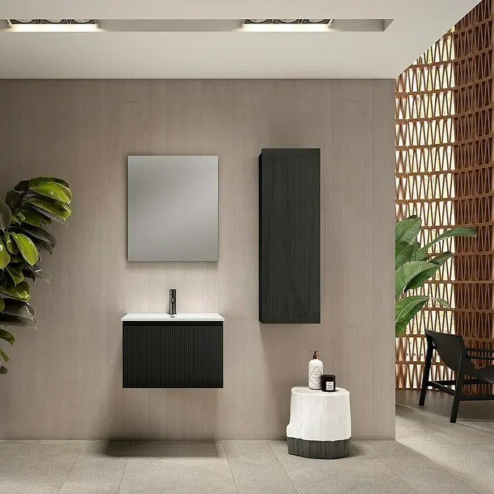 Conjunto de mueble de baño Cristal - 60 cm, Negro, Número de cajones: 1 ud., 3 pzs. - Baño moderno con mueble de lavabo negro, espejo y armario de pared a juego para un espacio elegante y funcional.