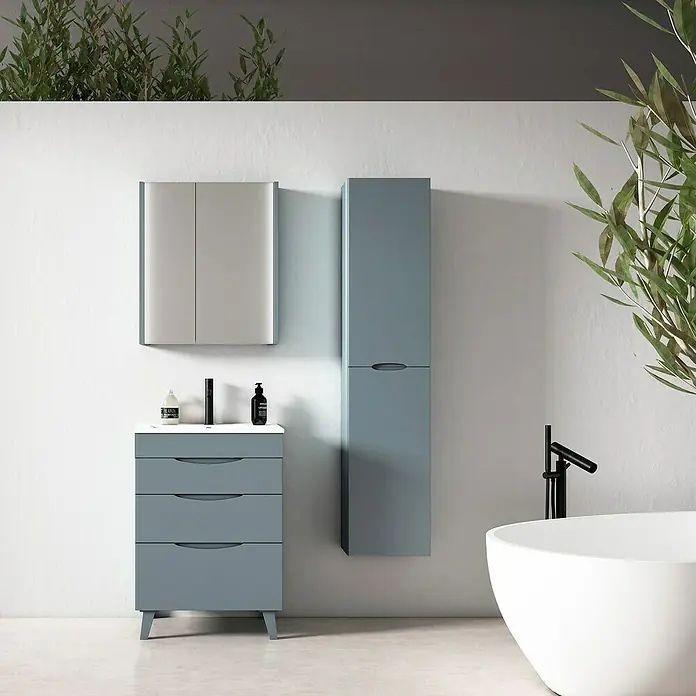 Conjunto de mueble de baño Turia - Ancho: 60 cm, Azul, Mate, 3 pzs. - Elegante conjunto de baño con mueble de lavabo azul, armario con espejo y columna. Diseño atemporal para un ambiente elegante.