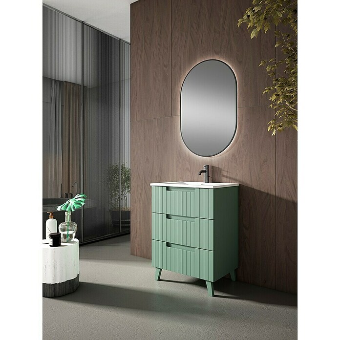 Mueble de lavabo Claire (L x An x Al: 45 x 60 x 81 cm, Verde Olivo, 1 seno, empotrado, salida central, Número de cajones: 3 ud.) | BAUHAUS