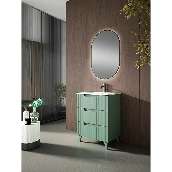Mueble bajo de lavabo Claire - L x An x Al: 45 x 60 x 81 cm, Verde Olivo, 1 seno, empotrado, salida central, Número de cajones: 3 ud. - Elegante mueble de baño con tres cajones verde menta y un elegante espejo ovalado con iluminación posterior.