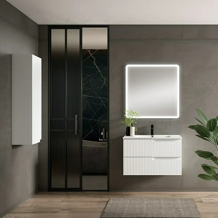 Mueble bajo de lavabo Claire - L x An x Al: 45 x 80 x 50 cm, Blanco, 1 seno, salida central, Número de cajones: 2 ud. - Un baño moderno con tocador blanco con cajones y espejo cuadrado con iluminación, elegante y minimalista.