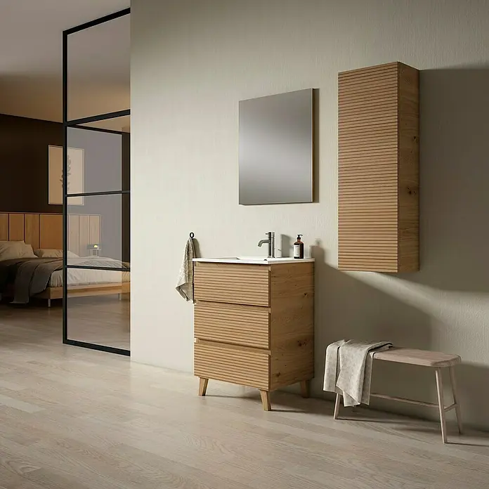 Conjunto de mueble de baño Naomi - Ancho: 60 cm, Roble garriga, Número de cajones: 3 ud., 3 pzs. - Elegante interior de baño con un tocador de madera, un espejo y un armario de pared a juego. Taburete y diseño moderno.