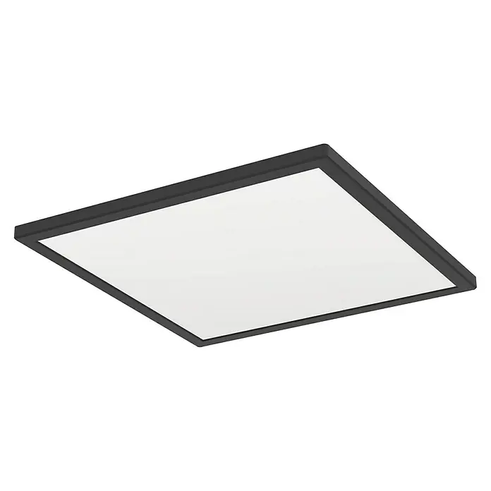 Eglo connect.z LED-Panel Rovito-Z - 17,6 W, L x B x H: 39 x 39 x 3 cm, Schwarz, RGB - Nahaufnahme einer quadratischen LED-Deckenleuchte mit einem schmalen, grauen Rahmen vor einem dunklen Hintergrund.
