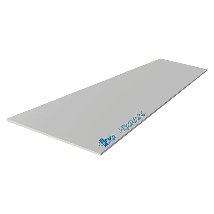 Placo Saint-Gobain Placa de fibrocemento Aquaroc - 2,5 m x 1,2 m x 13 mm - Placa de construcción Aquaroc para cuartos húmedos. La placa es gris y tiene un logotipo azul de la marca Placo Aquaroc en la esquina.
