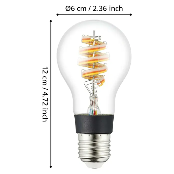 Eglo connect.z Smart-LED-Lampe - E27, Dimmbar, RGBW, 5 W, 400 lm, A60, 1 Stk. - Nahaufnahme einer E27 LED-Lampe mit Glühfaden im Vintage-Stil und Größenangaben.