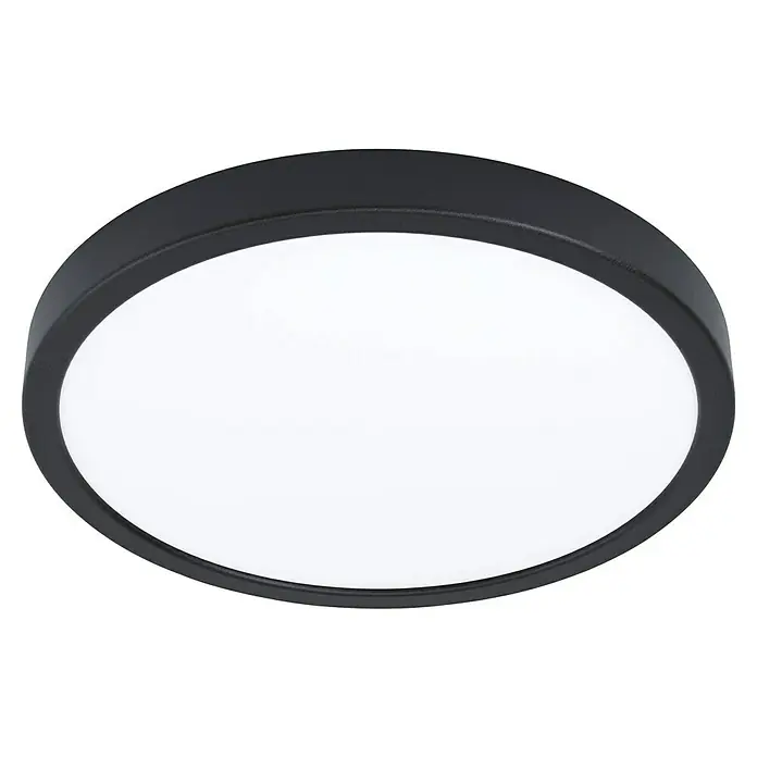 Eglo connect.z LED-Panel rund Fueva 6-Z - Ø x H: 28 x 2,5 cm, Farbe Gehäuse: Schwarz, Lichtfarbe: RGBW - Nahaufnahme einer runden LED-Deckenleuchte mit einem schlanken schwarzen Rahmen und einem hellen, diffusen Lichtpanel.