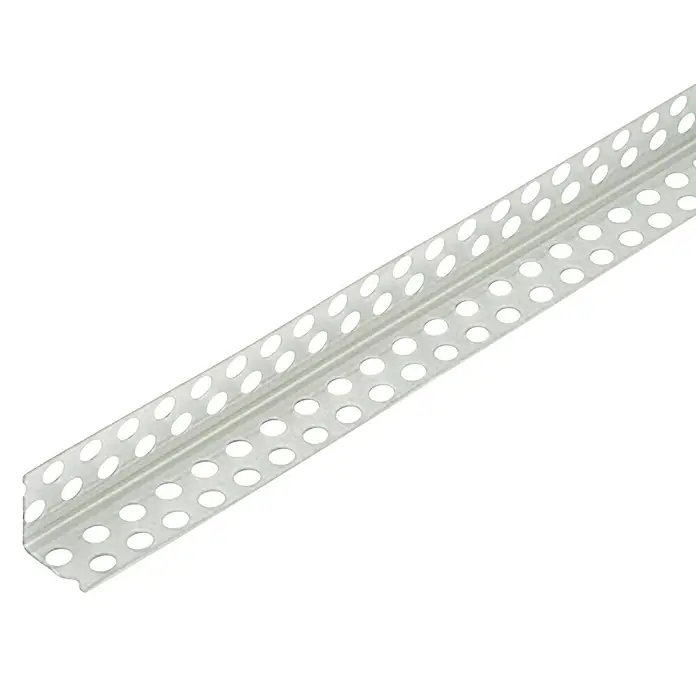 Placo Saint-Gobain Perfil de protección de esquinas - Metal, Blanco - Esquinero metálico con muchos pequeños agujeros, tendido sobre un fondo blanco.