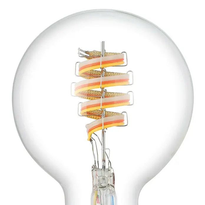 Eglo connect.z Smart-LED-Lampe - E27, Dimmbar, RGBW, 5 W, 400 lm, G80, 1 Stk. - Nahaufnahme einer klaren LED-Filamentlampe mit orangefarbenen und gelben Akzenten.