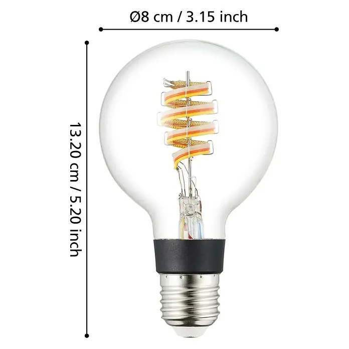 Eglo connect.z Smart-LED-Lampe - E27, Dimmbar, RGBW, 5 W, 400 lm, G80, 1 Stk. - Nahaufnahme einer dekorativen Edison-Glühbirne mit gewendeltem Glühfaden und Größenangaben.